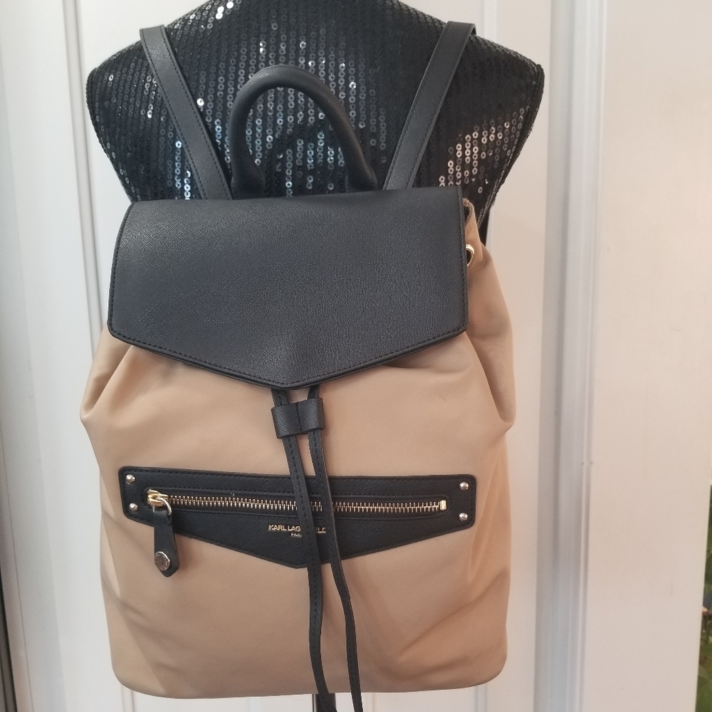 EUC Karl Lagerfeld Paris Large Tan/Black Nylon Backpack/Shoulder Bag - Picture 6 of 16